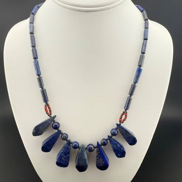 Lapis Lazuli & Coral Beaded Necklace With Hook Clasp 20" Statement Bib Jewelry H - Picture 1 of 11